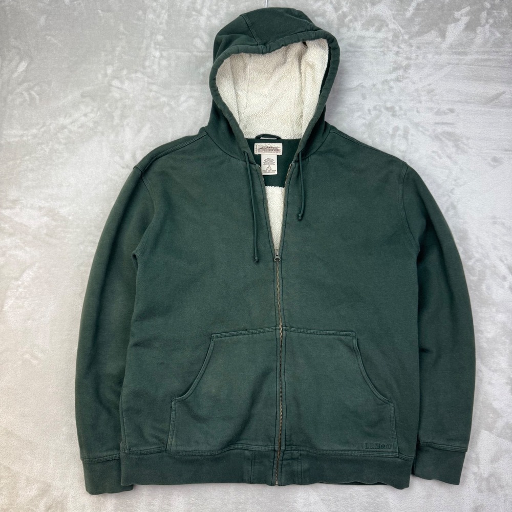 LL Bean Katahdin Iron Works Fleece Lined Full Zip Hoodie Mens Large Green Sherpa